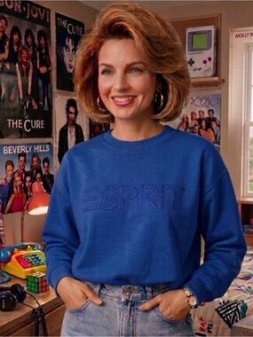 Esprit Women's Logo Fleece Crewneck Viral 80's Vintage NWT BLUE XXL